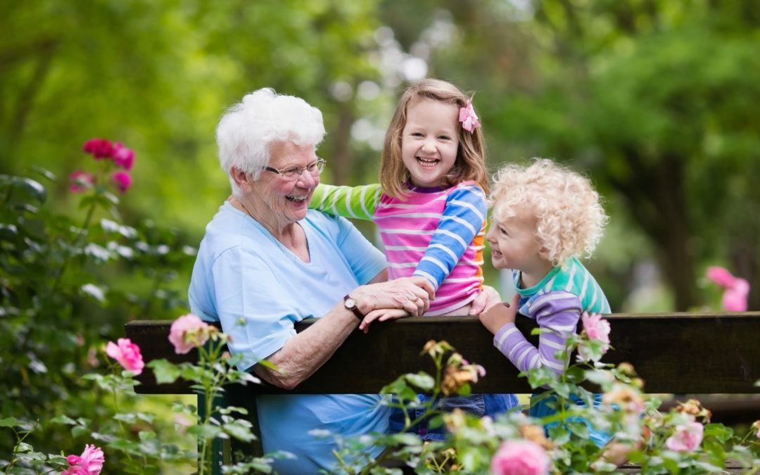 Glad senior dame leger med lille dreng og pige i blomstrende rosenhave. Mormor med store børn sidder på en bænk i sommerpark med smukke blomster. Børnehavearbejde med bedsteforældre.